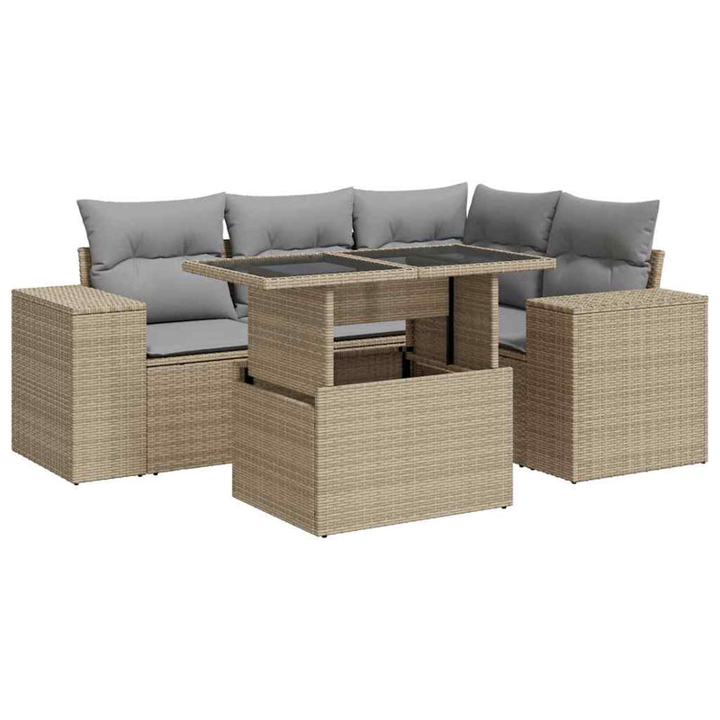 5 Piece Garden Sofa Set with Cushions Beige Poly Rattan