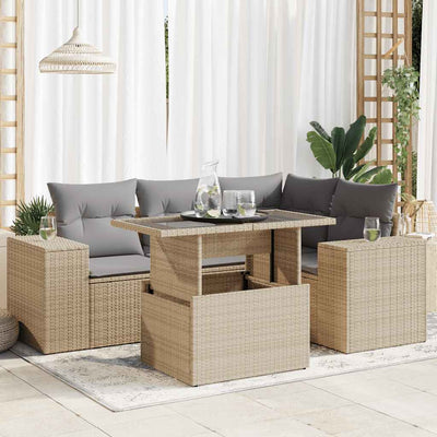 5 Piece Garden Sofa Set with Cushions Beige Poly Rattan