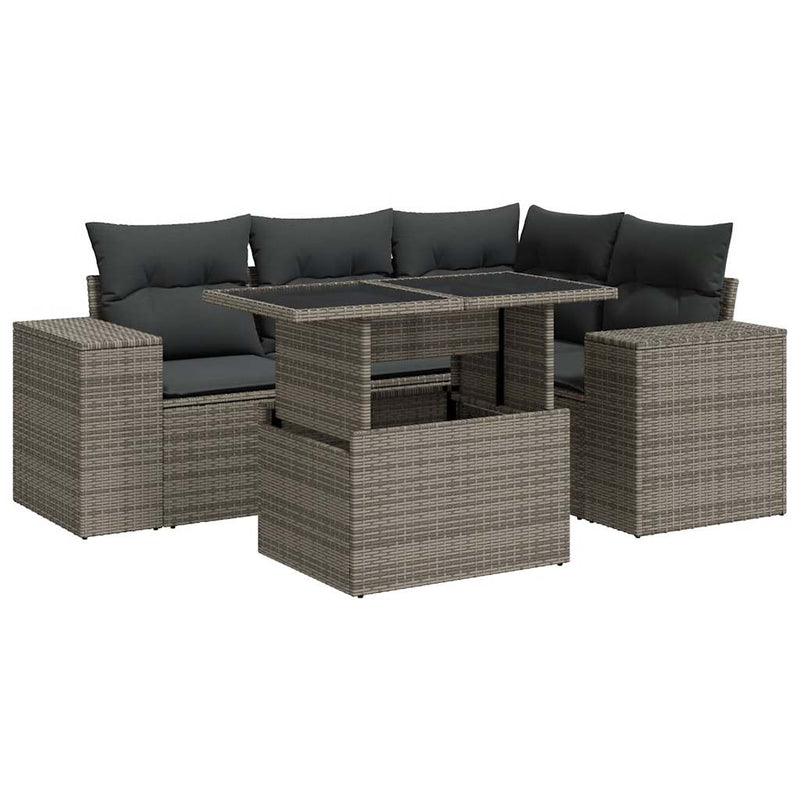 5 Piece Garden Sofa Set with Cushions Grey Poly Rattan