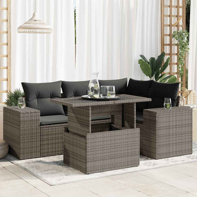 5 Piece Garden Sofa Set with Cushions Grey Poly Rattan