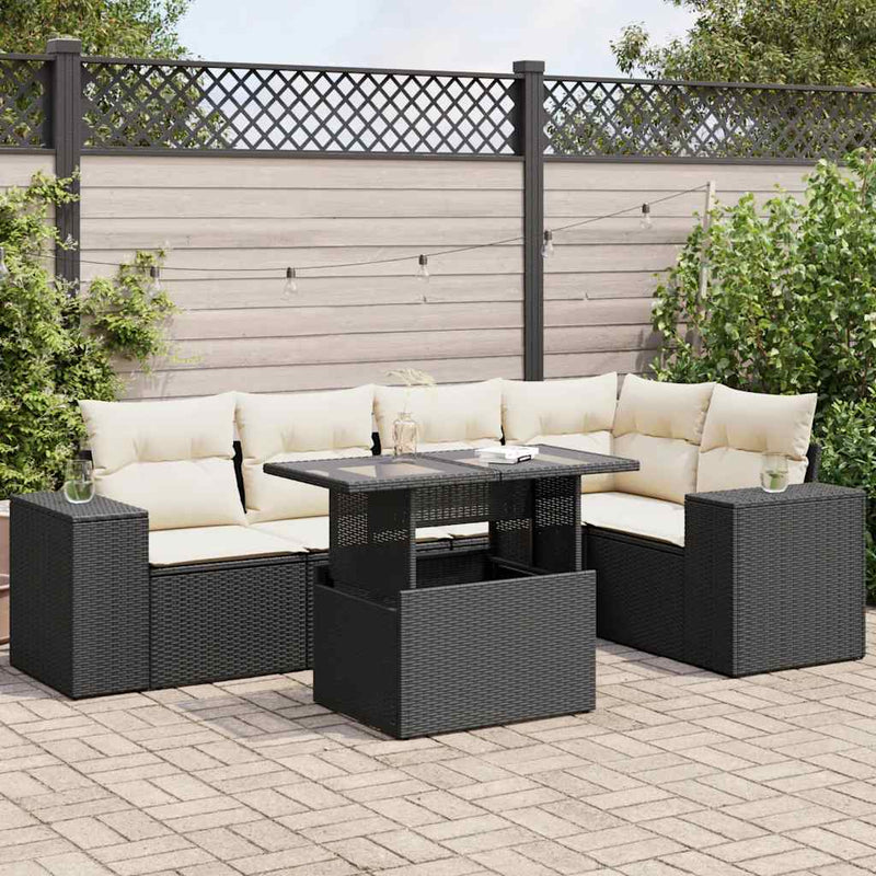 6 Piece Garden Sofa Set with Cushions Black Poly Rattan