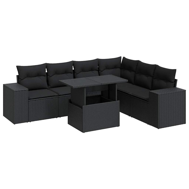 7 Piece Garden Sofa Set with Cushions Black Poly Rattan