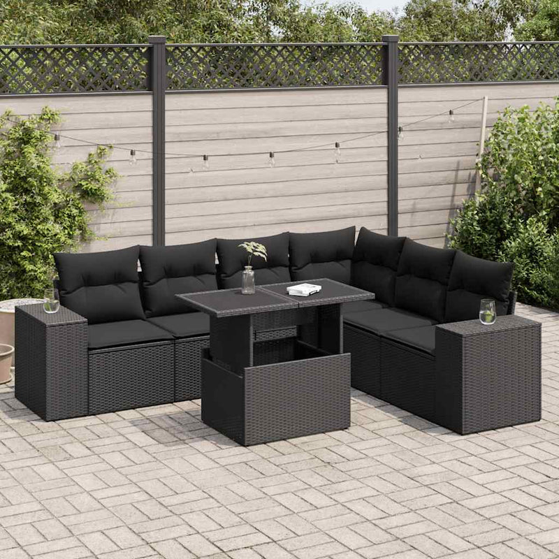 7 Piece Garden Sofa Set with Cushions Black Poly Rattan