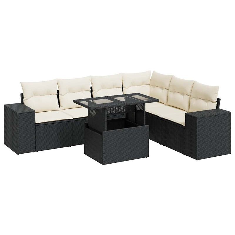 7 Piece Garden Sofa Set with Cushions Black Poly Rattan