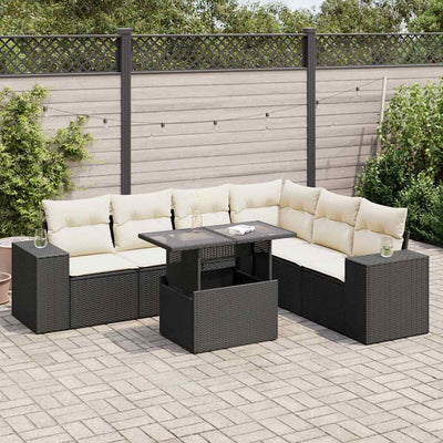 7 Piece Garden Sofa Set with Cushions Black Poly Rattan