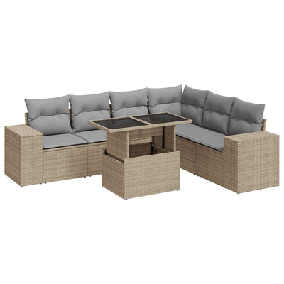 7 Piece Garden Sofa Set with Cushions Beige Poly Rattan