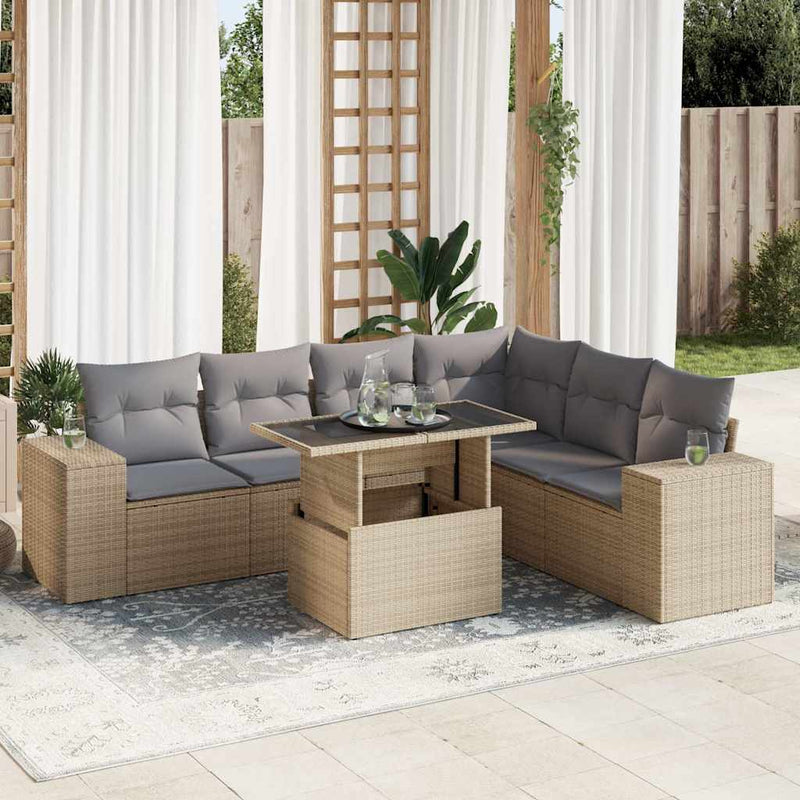 7 Piece Garden Sofa Set with Cushions Beige Poly Rattan