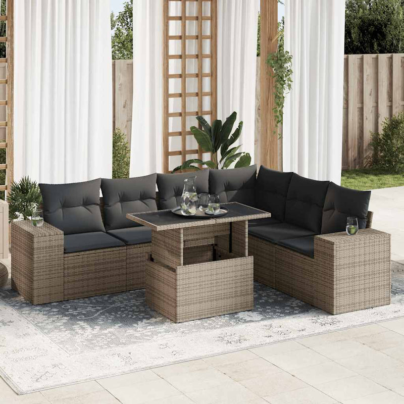 7 Piece Garden Sofa Set with Cushions Grey Poly Rattan