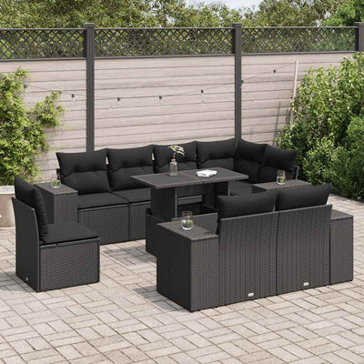 9 Piece Garden Sofa Set with Cushions Black Poly Rattan