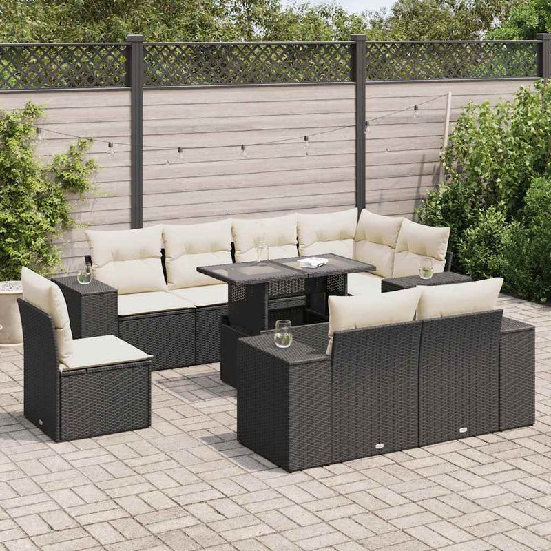 9 Piece Garden Sofa Set with Cushions Black Poly Rattan