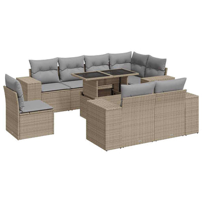 9 Piece Garden Sofa Set with Cushions Beige Poly Rattan