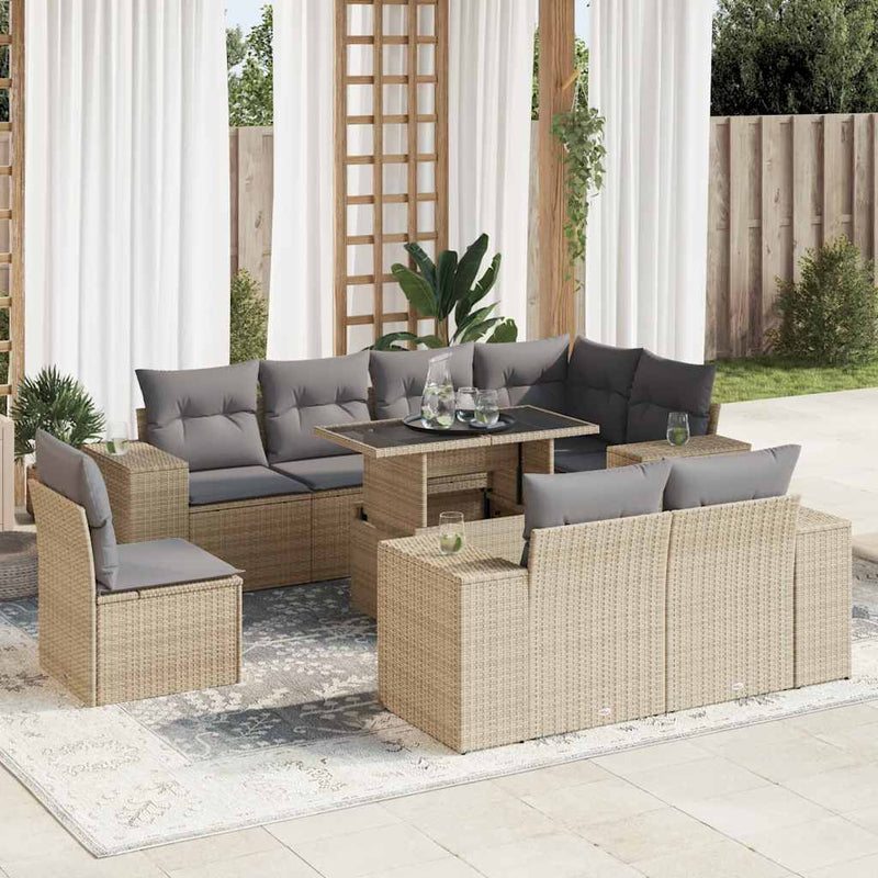 9 Piece Garden Sofa Set with Cushions Beige Poly Rattan