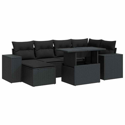 7 Piece Garden Sofa Set with Cushions Black Poly Rattan