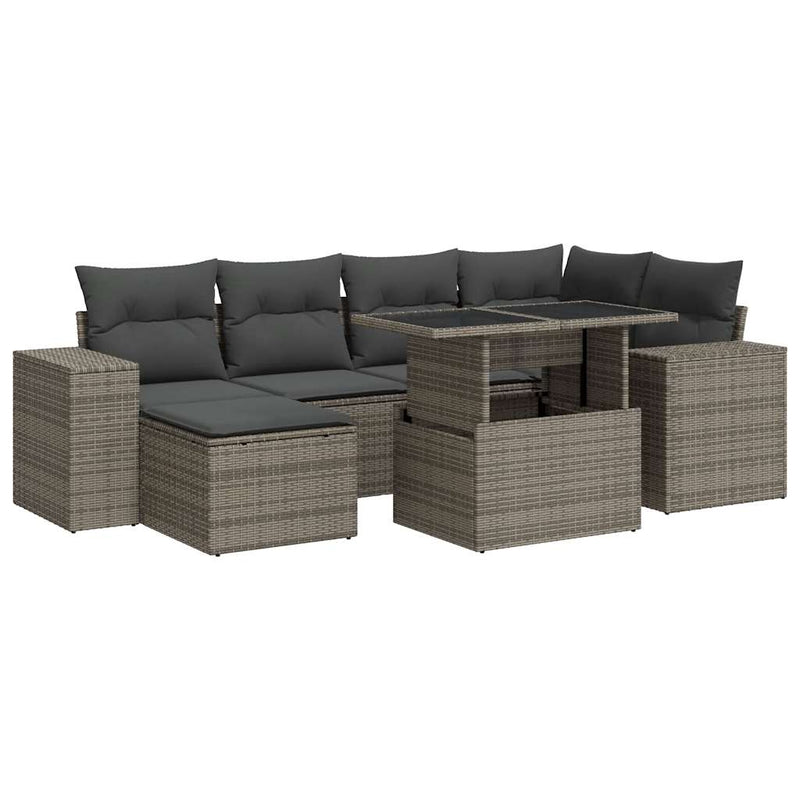 7 Piece Garden Sofa Set with Cushions Grey Poly Rattan