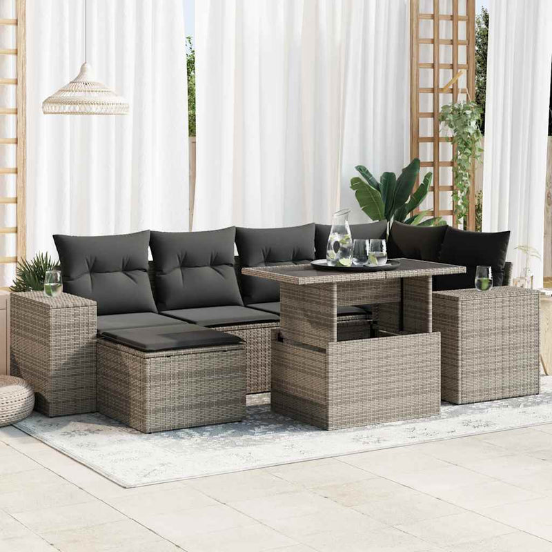 7 Piece Garden Sofa Set with Cushions Grey Poly Rattan