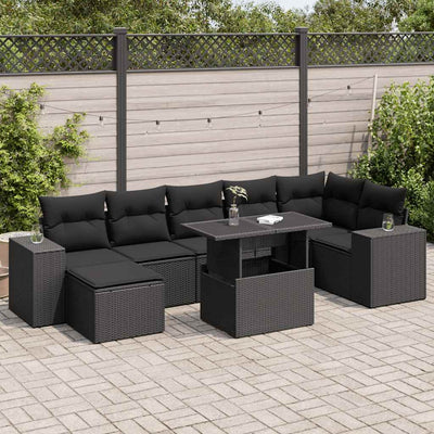 8 Piece Garden Sofa Set with Cushions Black Poly Rattan