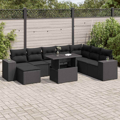 9 Piece Garden Sofa Set with Cushions Black Poly Rattan