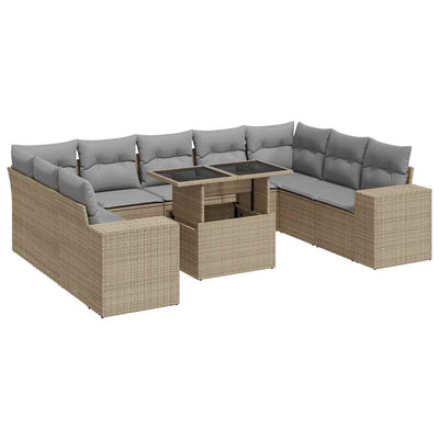 10 Piece Garden Sofa Set with Cushions Beige Poly Rattan