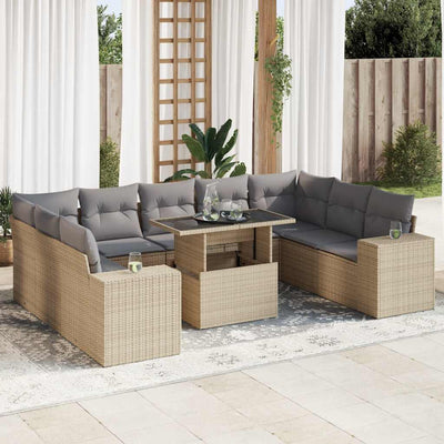 10 Piece Garden Sofa Set with Cushions Beige Poly Rattan