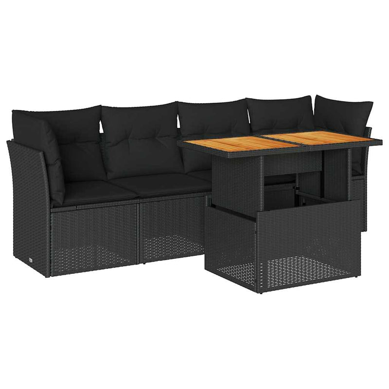 5 Piece Garden Sofa Set with Cushions Black Poly Rattan