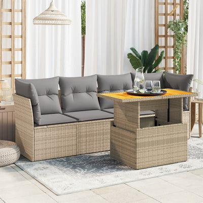 5 Piece Garden Sofa Set with Cushions Beige Poly Rattan