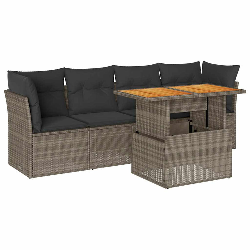 5 Piece Garden Sofa Set with Cushions Grey Poly Rattan