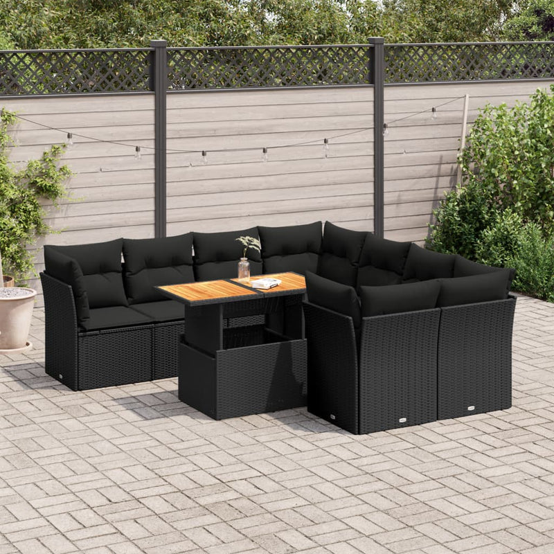 9 Piece Garden Sofa Set with Cushions Black Poly Rattan