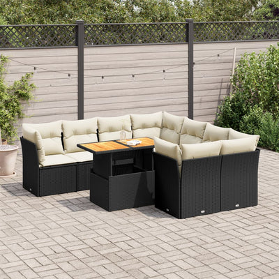 9 Piece Garden Sofa Set with Cushions Black Poly Rattan