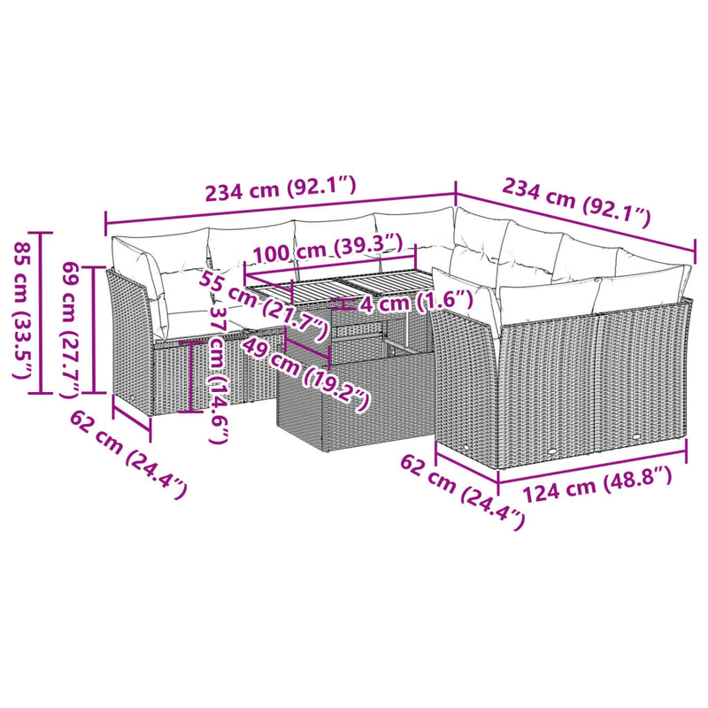 9 Piece Garden Sofa Set with Cushions Beige Poly Rattan