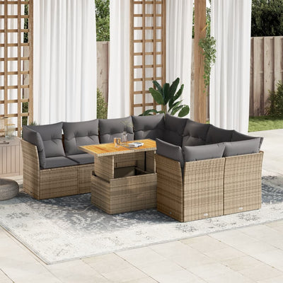 9 Piece Garden Sofa Set with Cushions Beige Poly Rattan