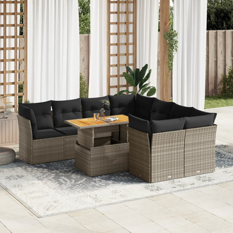 9 Piece Garden Sofa Set with Cushions Grey Poly Rattan