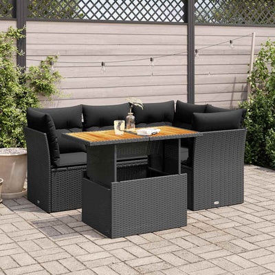 5 Piece Garden Sofa Set with Cushions Black Poly Rattan