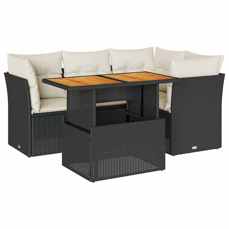 5 Piece Garden Sofa Set with Cushions Black Poly Rattan