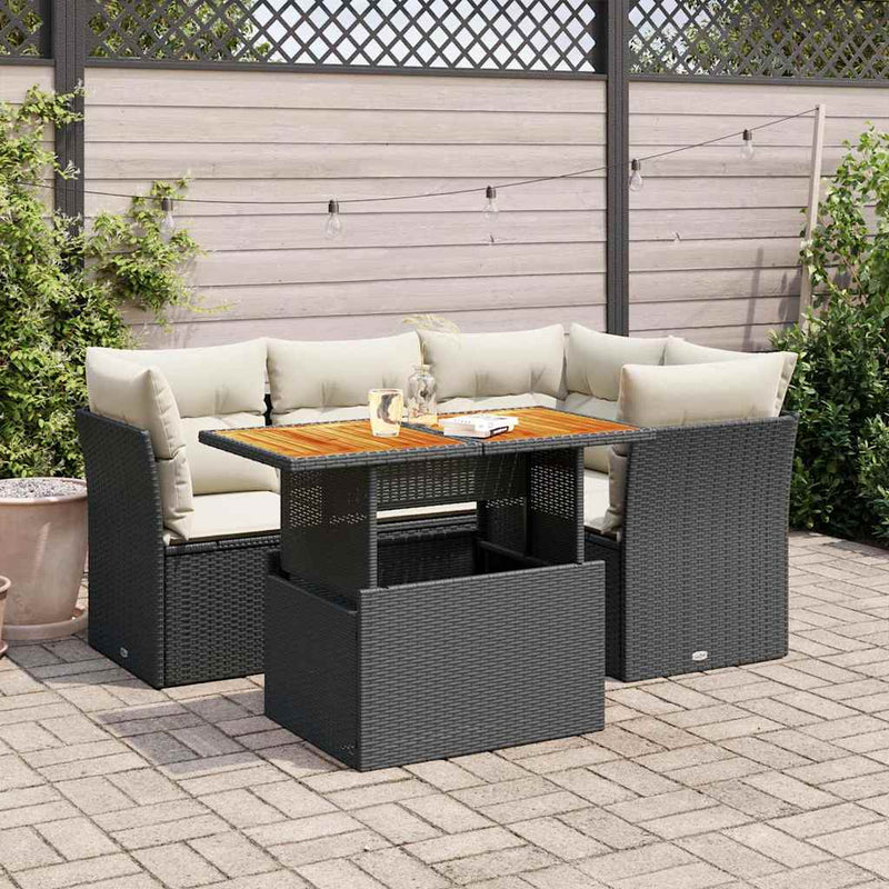 5 Piece Garden Sofa Set with Cushions Black Poly Rattan