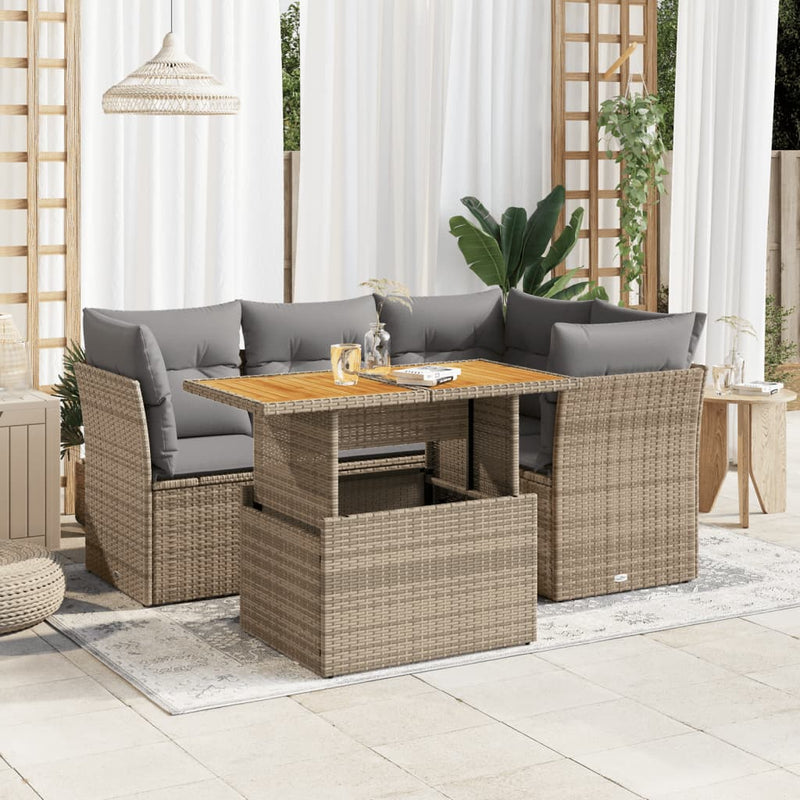 5 Piece Garden Sofa Set with Cushions Beige Poly Rattan