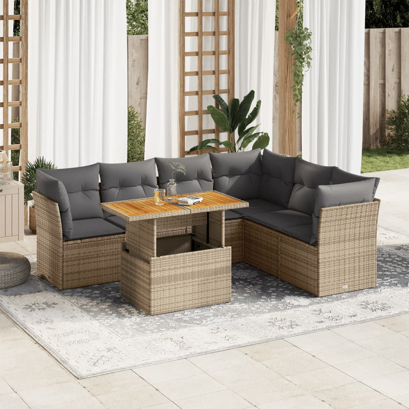 7 Piece Garden Sofa Set with Cushions Beige Poly Rattan