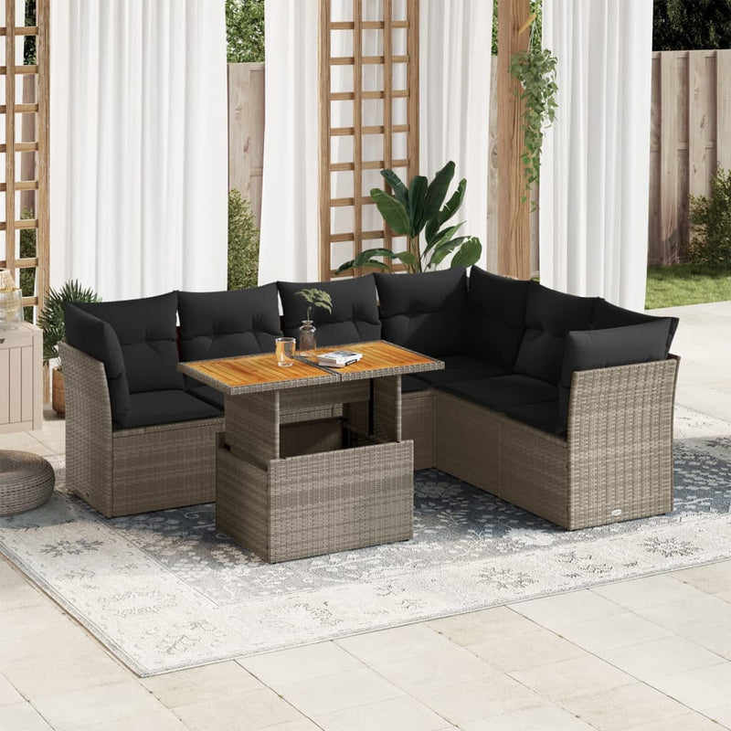 7 Piece Garden Sofa Set with Cushions Grey Poly Rattan