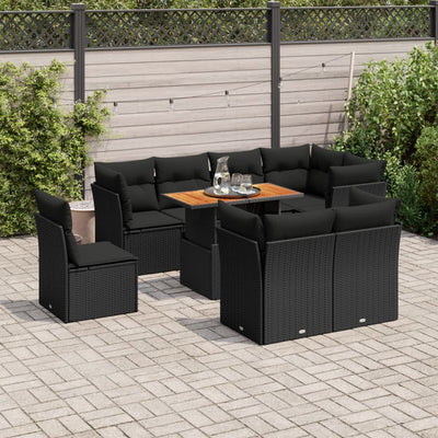 9 Piece Garden Sofa Set with Cushions Black Poly Rattan