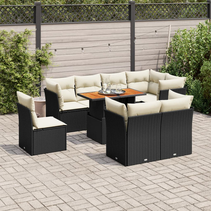 9 Piece Garden Sofa Set with Cushions Black Poly Rattan