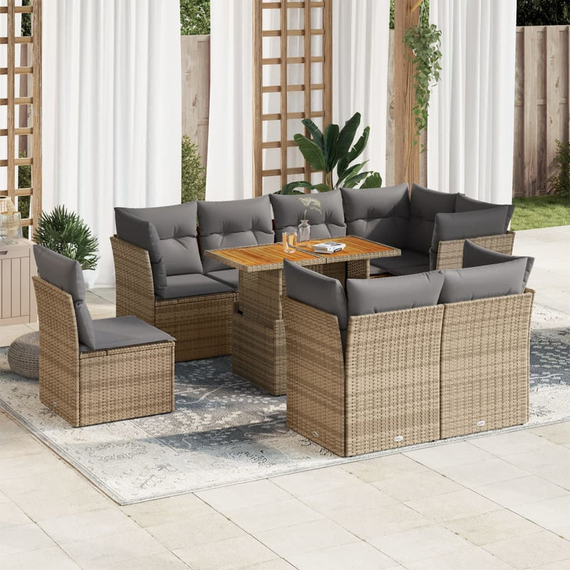 9 Piece Garden Sofa Set with Cushions Beige Poly Rattan