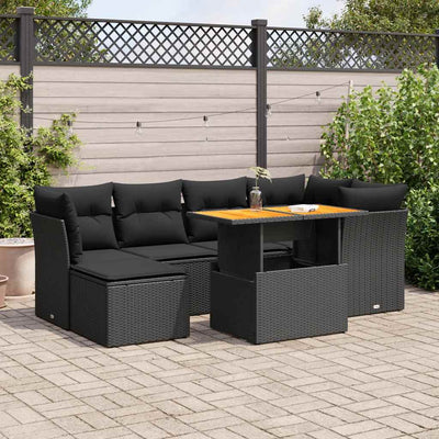 7 Piece Garden Sofa Set with Cushions Black Poly Rattan