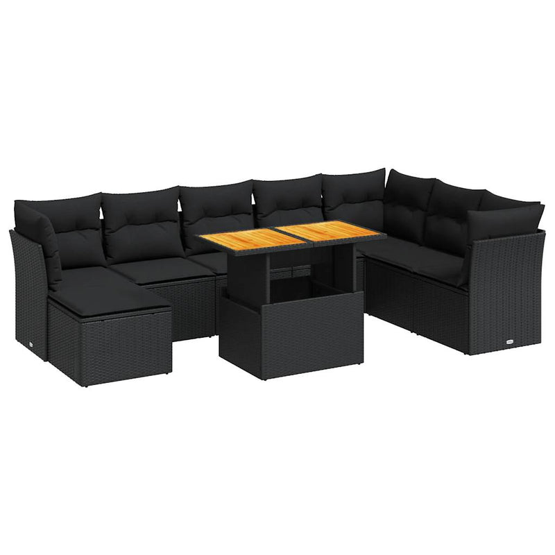 9 Piece Garden Sofa Set with Cushions Black Poly Rattan