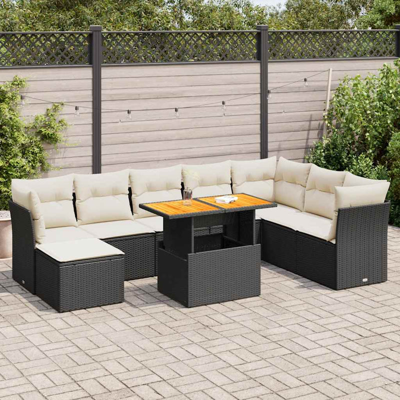 9 Piece Garden Sofa Set with Cushions Black Poly Rattan