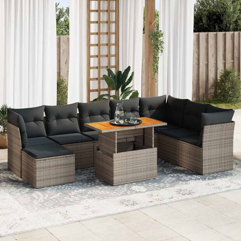 9 Piece Garden Sofa Set with Cushions Grey Poly Rattan