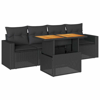 5 Piece Garden Sofa Set with Cushions Black Poly Rattan