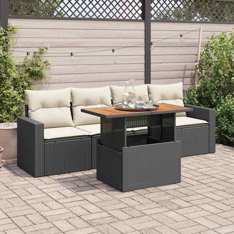 5 Piece Garden Sofa Set with Cushions Black Poly Rattan