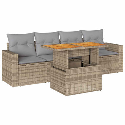 5 Piece Garden Sofa Set with Cushions Beige Poly Rattan