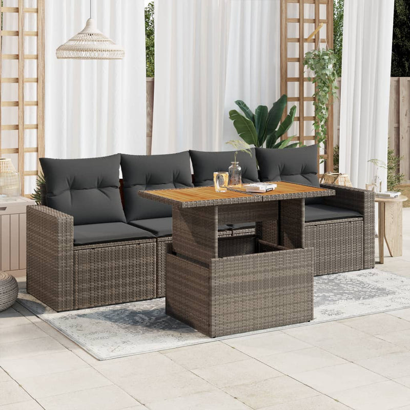 5 Piece Garden Sofa Set with Cushions Grey Poly Rattan