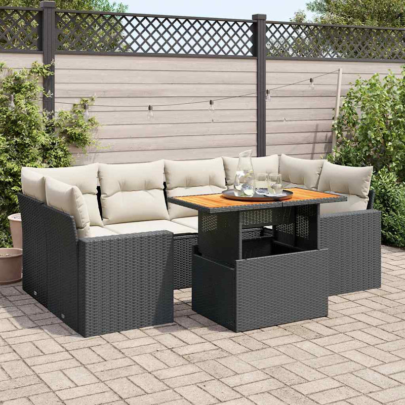 7 Piece Garden Sofa Set with Cushions Black Poly Rattan