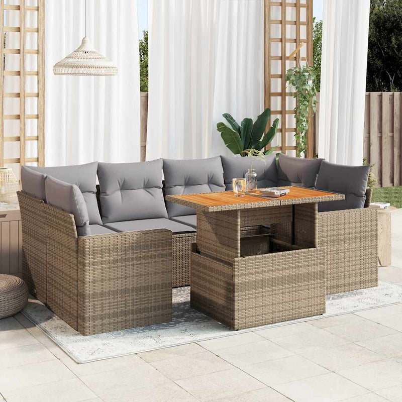 7 Piece Garden Sofa Set with Cushions Beige Poly Rattan